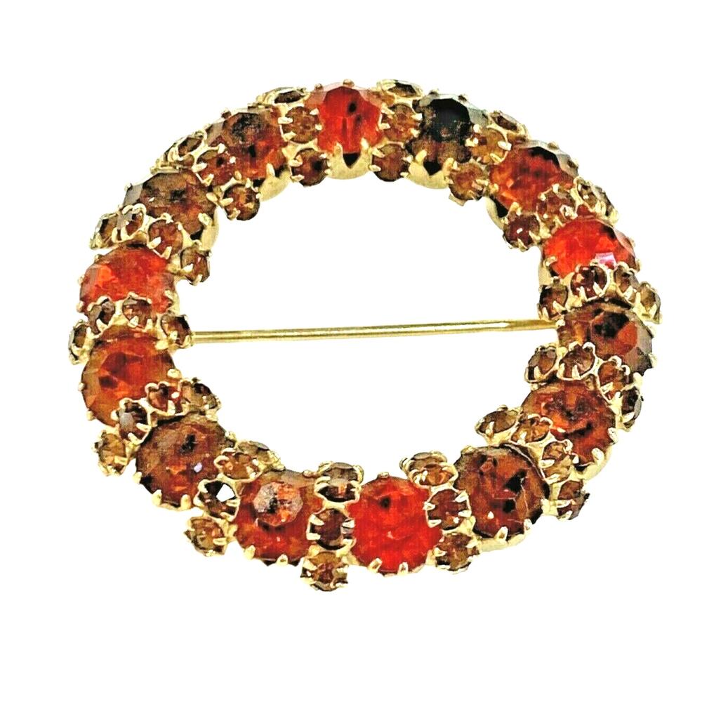 Vintage rhinestone brooch retro wreath pin Mid Century jewelry brown orange gold